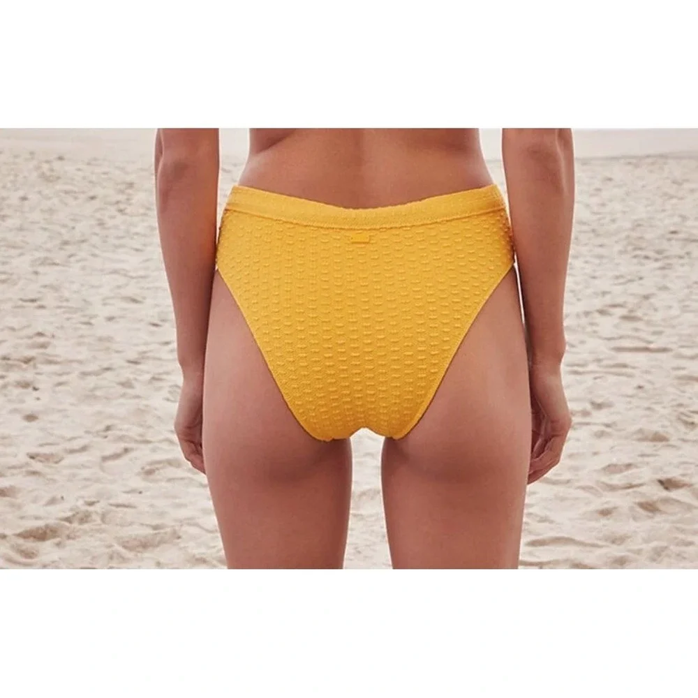 Roxy Haleiwa Banded High Waisted Textured Logo Bikini Bottom in Golden Rod Small